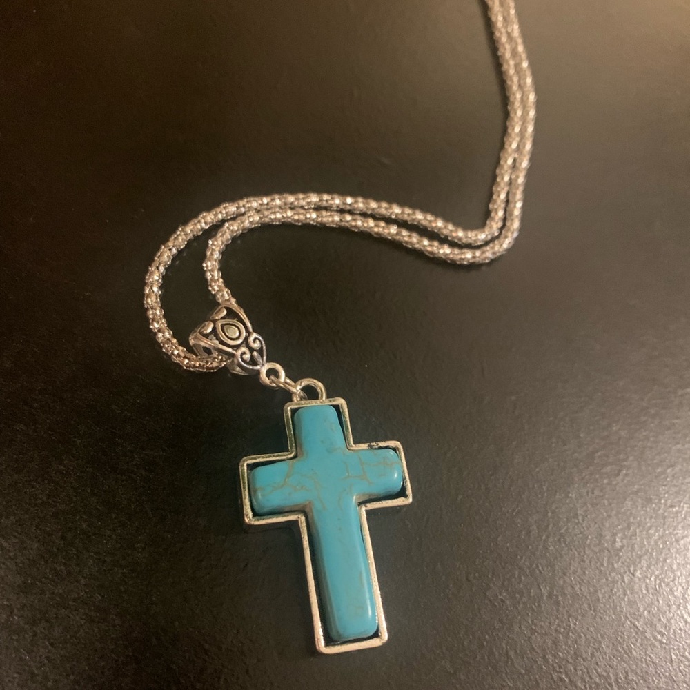 Silver Cross Semiprecious Stone Necklace (Turquoise) - Picture 4 of 4